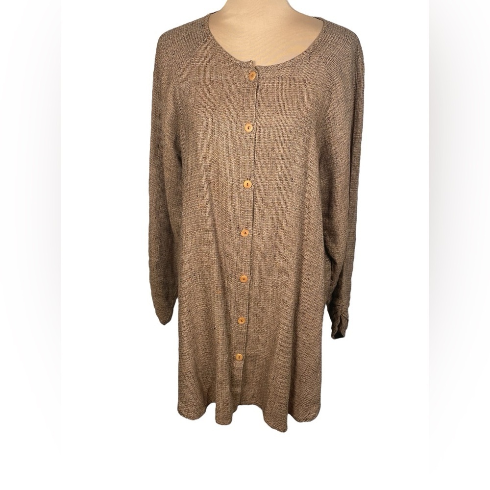 FLAX 100% Linen Long‎ Button Cardigan Lagenlook Brown Sz Medium